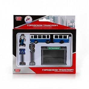 Набор из металлического троллейбуса с остановкой и аксессуарами, 12 см. (Технопарк, SB-16-18-A)